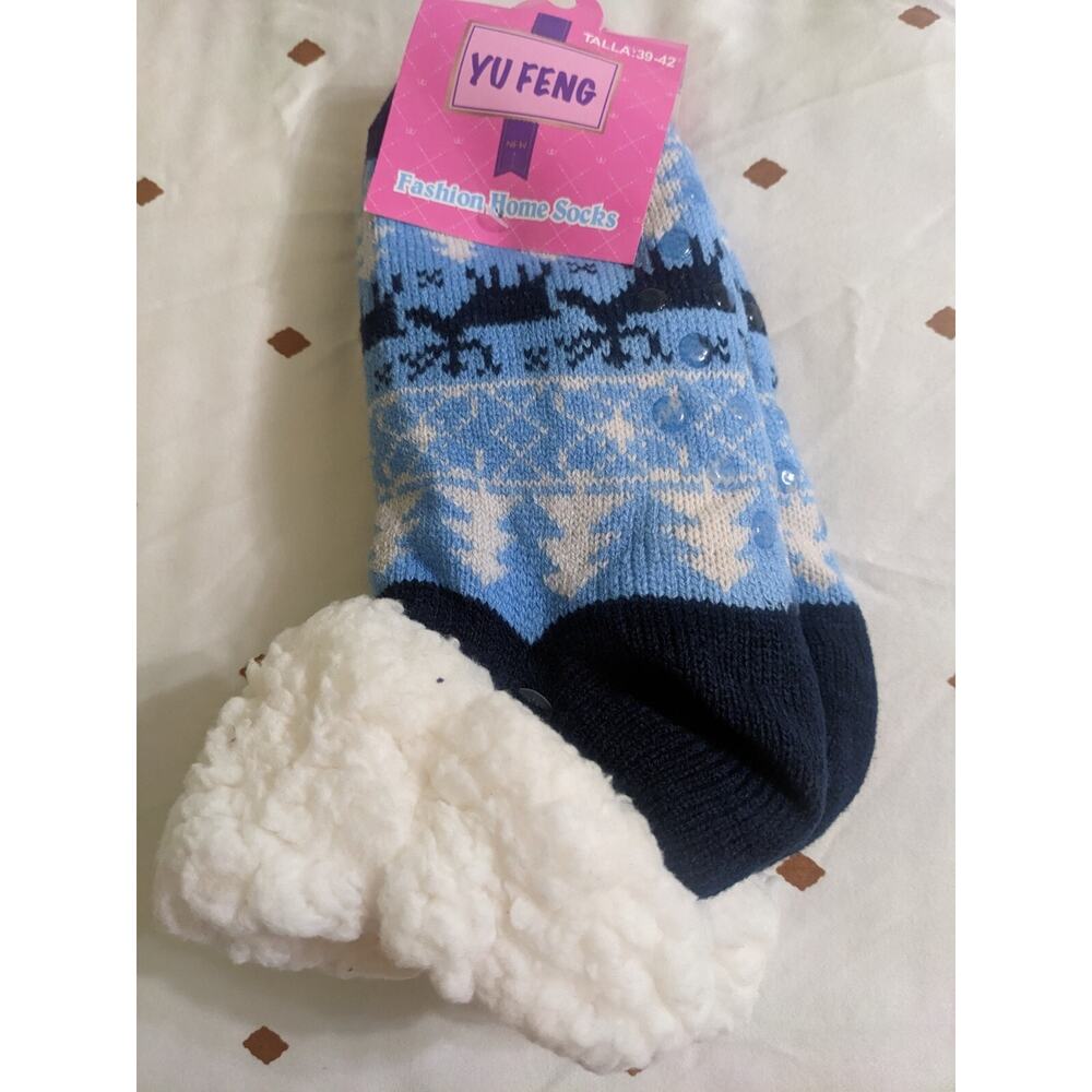 Womens Thick Knit Sherpa Fleece Slipper Socks Deer Moose Christmas New Sz 7.5 10